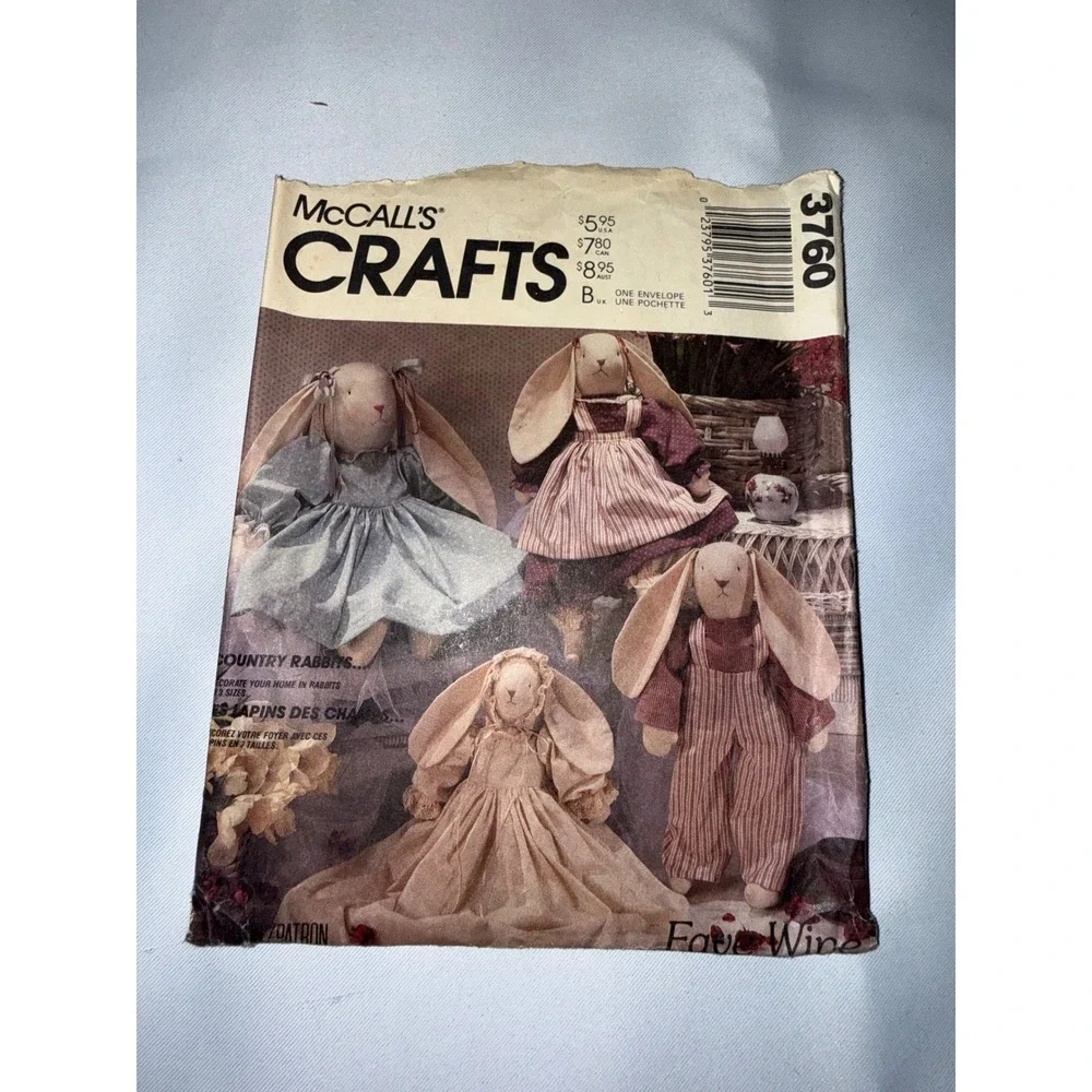 McCall's 3760 Country Rabbits Stuffed Bunny Sewing Pattern Vintage 1988 3 Sizes